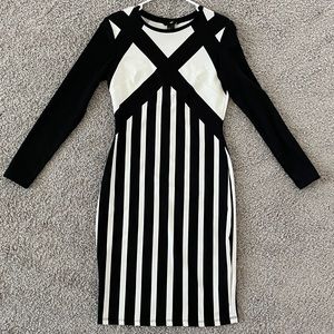 H&M Black and White Long Sleeved Striped Midi Dress